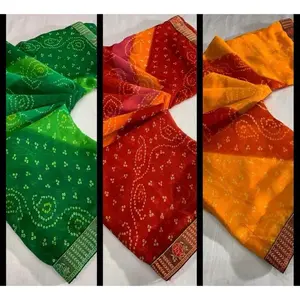 INDIAN FANCY GEORGETTE LACE WORK BANDHNI SAREE WITH UNSTITCHED BLOUSE.