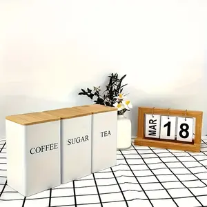 3pcs Metal Tea Coffee Sugar Storage Jars Bamboo Lids Simple Design Sealed and Durable Can Hold Tea Coffee Beans Herbal Tea Candy Clean and Tidy Home Storage Quality Preferred Festival Gift