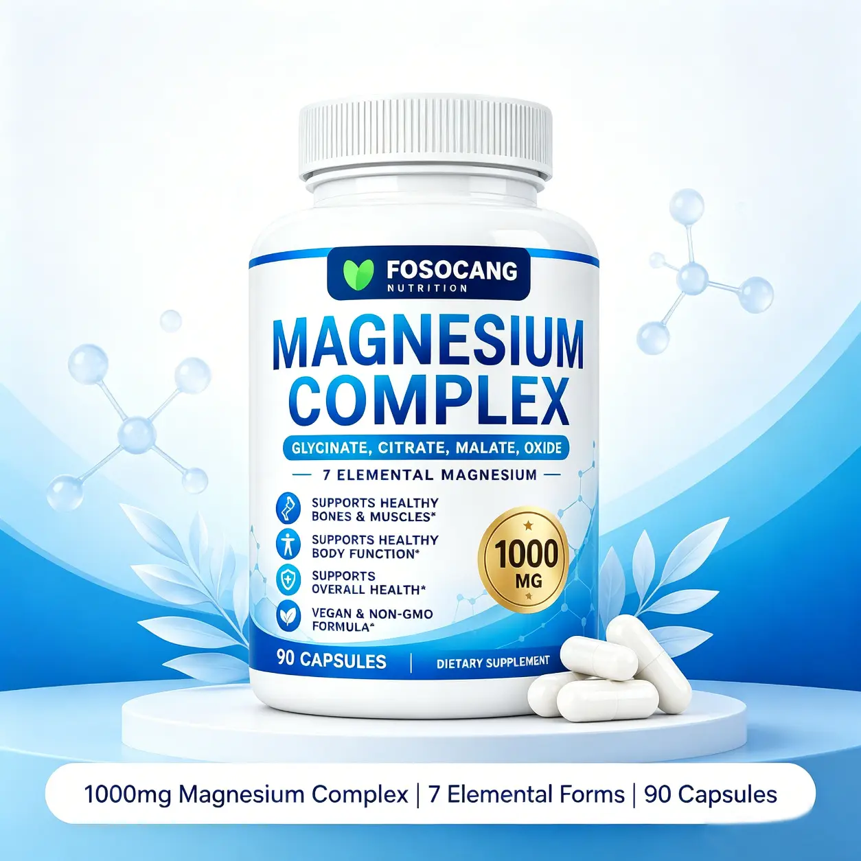 FOSOCANG Magnesium Complex, 1000mg with 7 Elemental Forms (Glycinate, Citrate, Malate, Oxide), Supports Bones Muscles & Overall Health, Vegan & Non-GMO, 90 Capsules