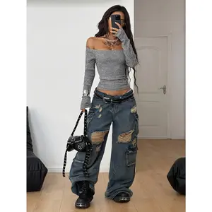 SYHAN 2026 Latest Elegant Off the Shoulder Long Sleeve Gray and Black Striped T-Shirt |   Rib, Suitable for Daily Wear and Outings, Ideal for Spring/Fall Season