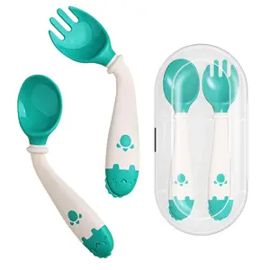 Toddler Utensils, Self-Feeding Cutlery Set with Travel Case, Baby Spoons and Forks with Flexible Silicone Handles, Easy Grip, Heat Resistant, Ideal for Children, Stage 2 Green