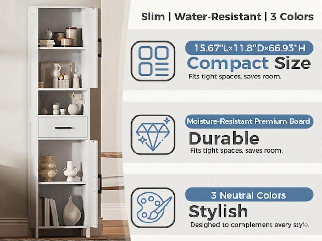 【Back to School】Sweetcrispy Slim Pantry Storage Cabinet, 67" Tall Freestanding Kitchen Cabinet with Drawer and 5-Level Adjustable Shelves, Modern Barn Door Linen Tower for Bathroom, Bedroom, Living Room, White, Storage Organization, Room Storage
