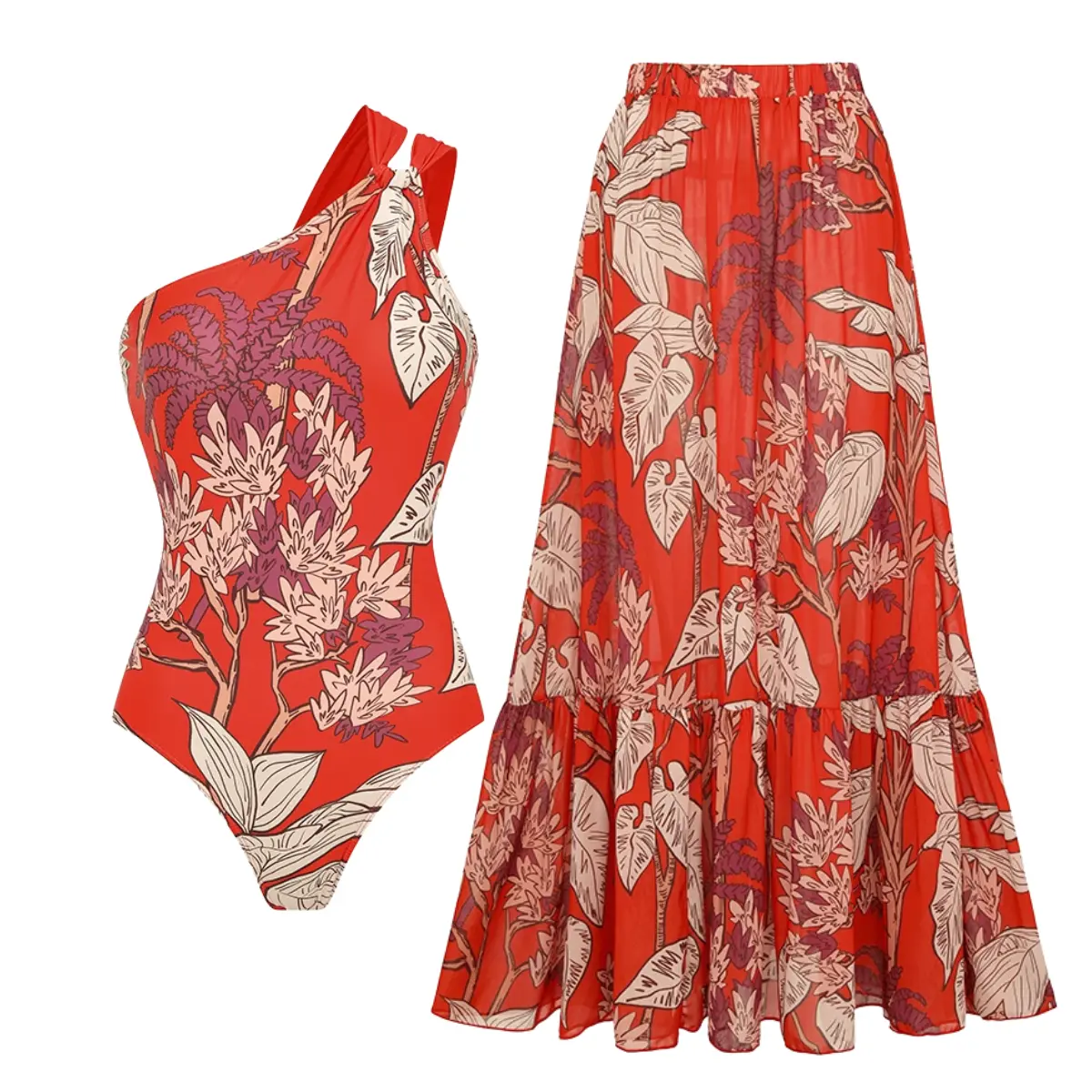 FLAXMAKER Women's One Shoulder Red Plant Print One Piece Swimsuit and Matching Cover Skirt Set Swimdress Stylish Beachwear Bathing Suit SpringStatements Swimwear Coverups vacation swimwear for women#Summervibes #Summervibes outdoorfun #SwimWeek
