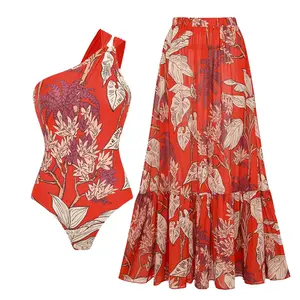 FLAXMAKER Women's One Shoulder Red Plant Print One Piece Swimsuit and Matching Cover Skirt Set Swimdress Stylish Beachwear Bathing Suit SpringStatements Swimwear Coverups