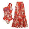 FLAXMAKER Women's One Shoulder Red Plant Print One Piece Swimsuit and Matching Cover Skirt Set Swimdress Stylish Beachwear Bathing Suit SpringStatements Swimwear Coverups vacation swimwear for women#Summervibes #Summervibes outdoorfun #SwimWeek tiktokshop
