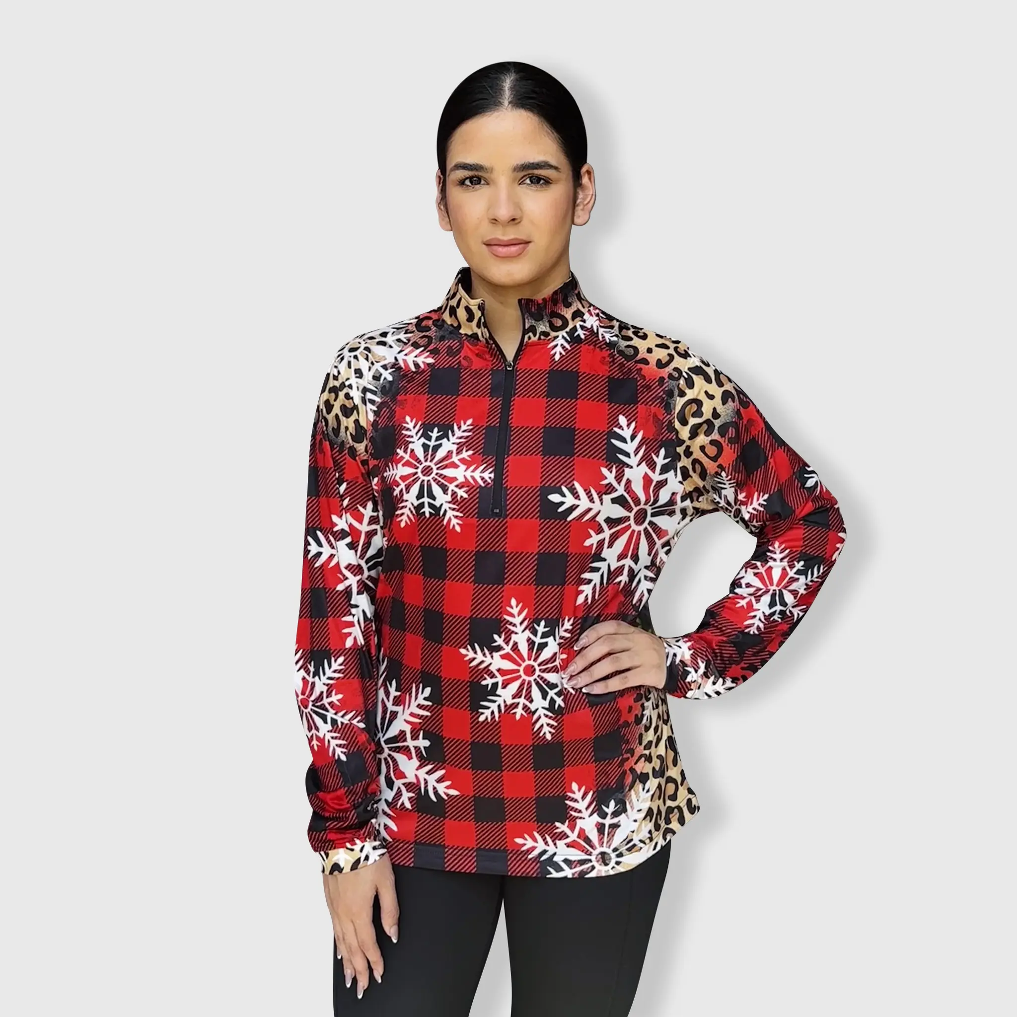 Cheetah Buffalo Plaid Snowflakes Quarter Zip Top - $20.00
