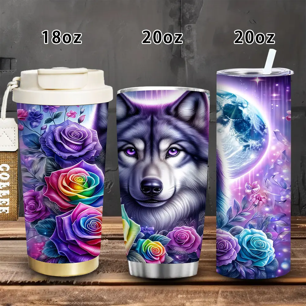 1pc 18oz/20oz Mystical Wolf and Roses Tumbler with lid and straw, winter insulated travel mug, gift for women and men, ideal for Valentine’s Day, Easter, birthday gifts, iced/hot coffee cup