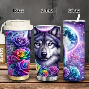 1pc 18oz/20oz Mystical Wolf and Roses Tumbler with lid and straw, winter insulated travel mug, gift for women and men, ideal for Valentine’s Day, Easter, birthday gifts, iced/hot coffee cup
