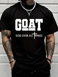 Men's Short Sleeve T-Shirt Round Neck Goat God over All Things Design, 100% Cotton Stretch Fabric, Fitted Casual Streetwear & Tee