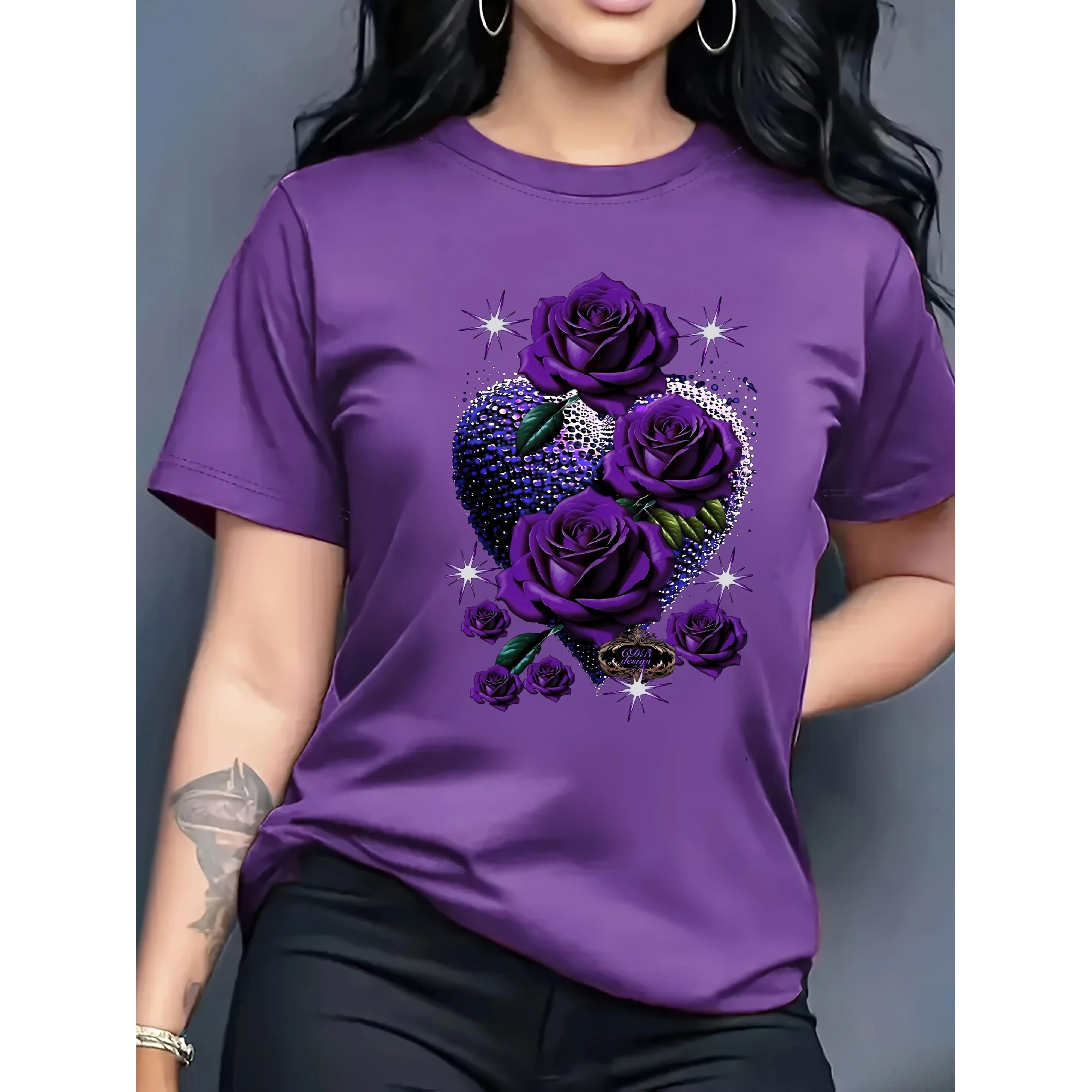 Purple Rose and Heart Pattern Print Women's Round Neck Short Sleeve Casual T-Shirt Retro European Pattern Four Seasons Daily Wear Fit Graphic  t shirts women