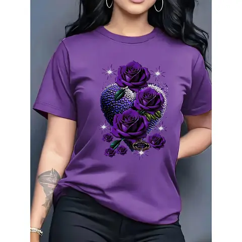 Purple Rose and Heart Pattern Print Women's Round Neck Short Sleeve Casual T-Shirt Retro European Pattern Four Seasons Daily Wear Fit Graphic  t shirts women