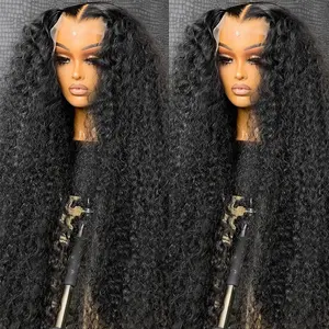 40 38Inch Deep Wave Glueless Lace Front Wigs Human Hair 180 Density 13x4 HD Transparent Lace Frontal Wigs Human Hair Pre Plucked Deep Curly Glueless Wigs Human Hair for Women Natural Black