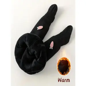 [Toddler Girls' Cozy Fleece-Lined Leggings] 1pc Polyester Thick Warm Winter Bottoms, Elastic Waistband, Cute Bow & Embellishments, Hand Washable, for Dresses & Casual Wear
