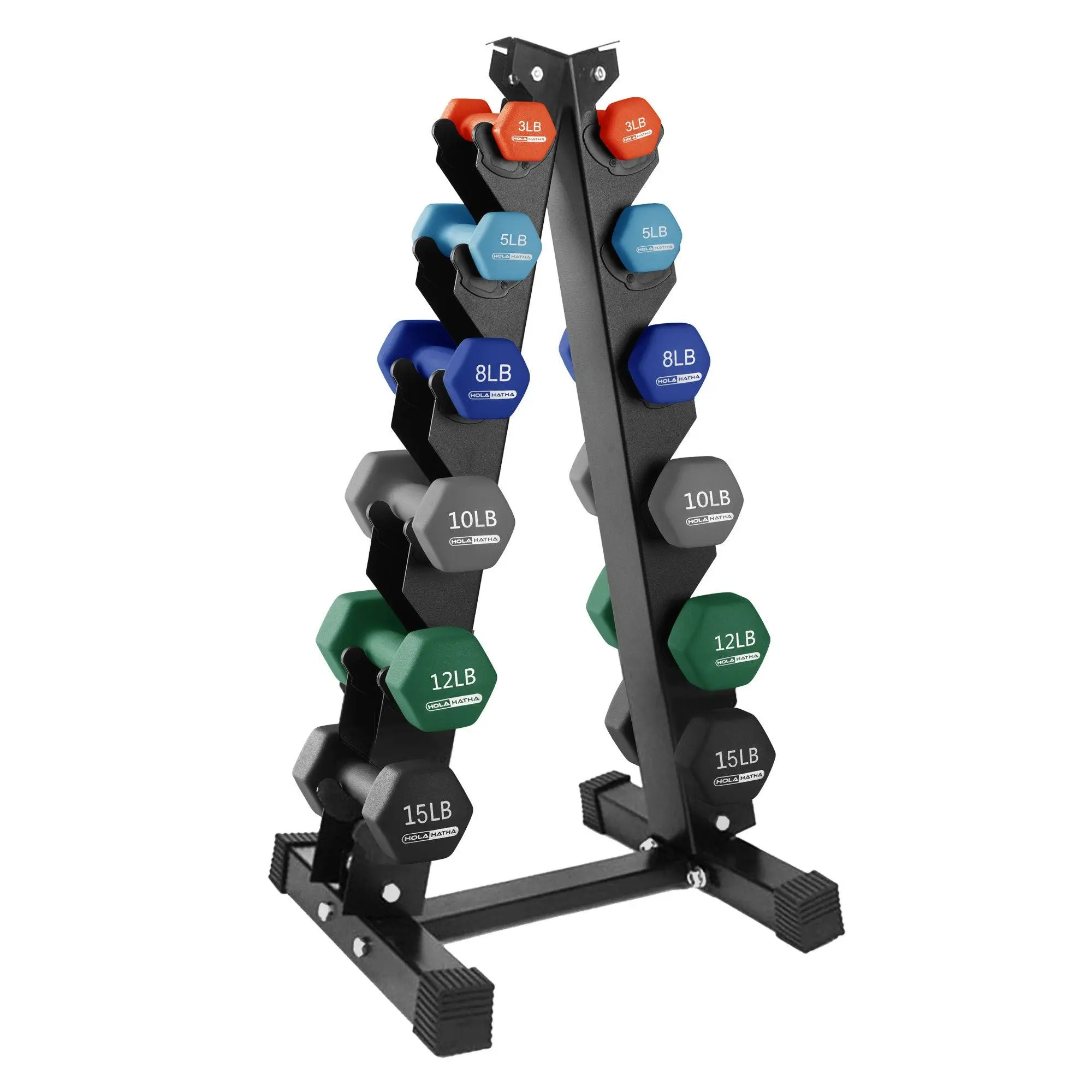 HolaHatha 3, 5, 8, 10, 12 & 15 Pound Neoprene Dumbbell Weight Set w/Storage Rack HolaHatha 3, 5, 8, 10, 12 & 15 Pound Neoprene Dumbbell Weight Set w/Storage Rack