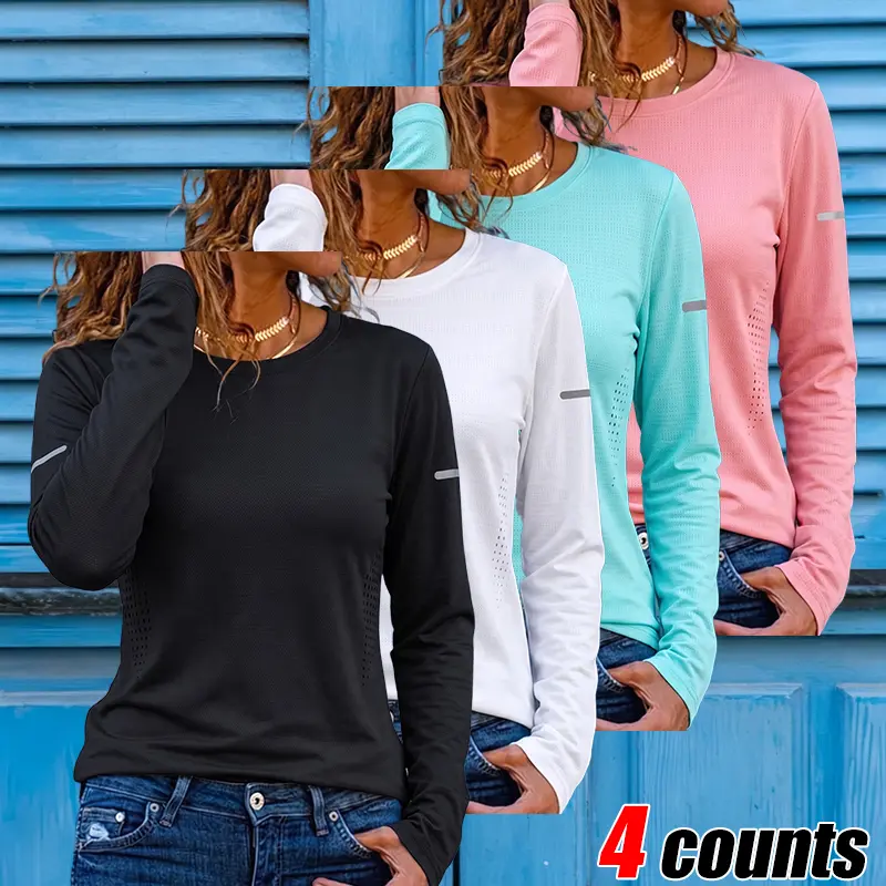 Clean Gent 4-piece set for women: ultra-soft long-sleeve thermal tops, solid-color basic T-shirts; suitable for outdoor activities, camping, travel, and casual wear. New solid-color round-neck long-sleeve loose casual women’s tops for layering.
