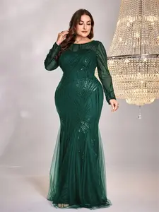 【Plus Size】 Glitter Sequins Sheer Round Neck Bodycon Evening Dress, Elegant Long Sleeve Zipper Back Maxi Dress for Party Banquet, Women's Clothes for Spring & Fall