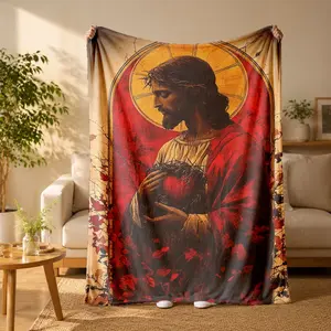 Vintage Red Tone Sacred Heart of Jesus Print Flannel Blanket - Suitable for all seasons, soft, lightweight and breathable, for bedroom, seasonal and holiday decorations - Perfect for beds, sofas, offices, camping and travel