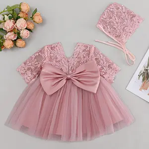 Baby Flower Girl Dress with Big Bowknot Toddler Lace Embroidered Tulle Princess Dress for Formal Wedding Birthday Party Gown