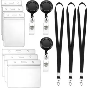 Id Badge Holder Retractable Clip, Name Tag Clip, 6 Pack Clear Vertical & Horizontal Card Protectors with 24 Inch Retractable Reel, Black Lanyard, No Paper Card, Combine Freely