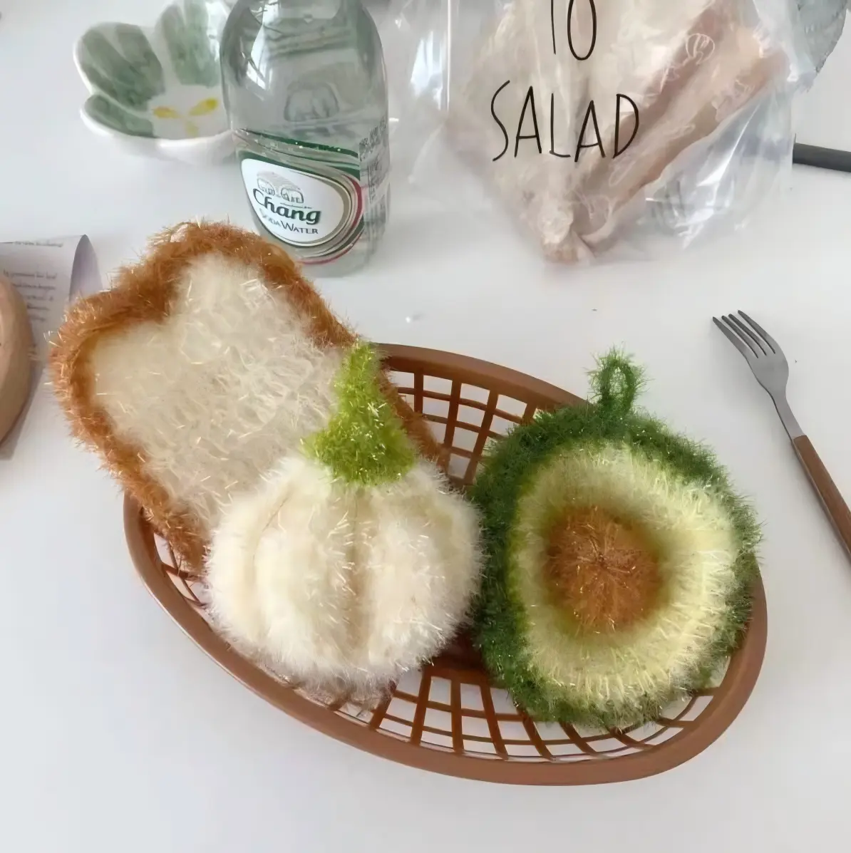 3-Pieces (Different Styles) Novelty Unique Design Kitchen Cleaning Cloths - Hand-Woven Imitation Garlic Bread/Avocado Sponges & Pad/Scrubber for Efficient Kitchen Sink Cleaning, Pe-Enhanced