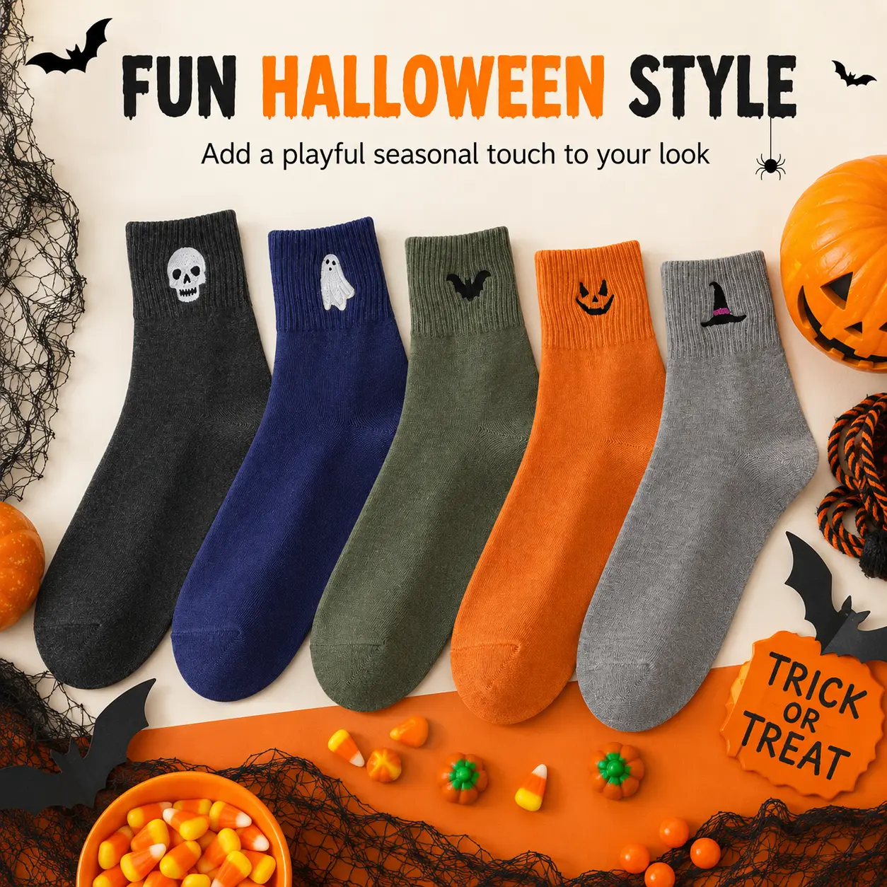 Halloween Crew Socks for Women & Men, Cute Spooky Ankle Socks with Pumpkin, Ghost, Bat, Skull & Witch Hat Designs, Soft Casual Halloween Costume Socks for Parties, Fall Outfits & Gifts