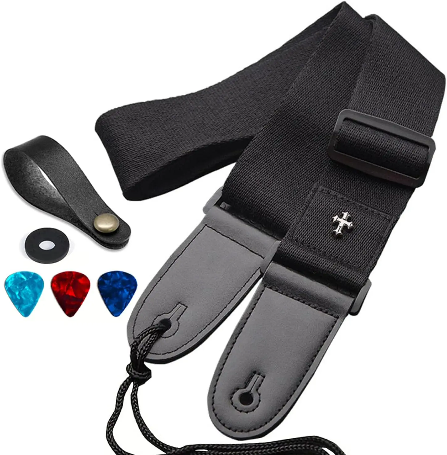 Guitar Strap, Acoustic Electric Guitar Straps, Adjustable Leather Ends Bass Guitar Strap with Picks Pocket