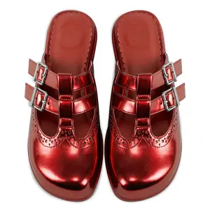 Hot Chocolate Design Chrome Crush Crimson Women's Clog with Red Chrome Finish Double Adjustable Buckle Straps & Perforated Detailing