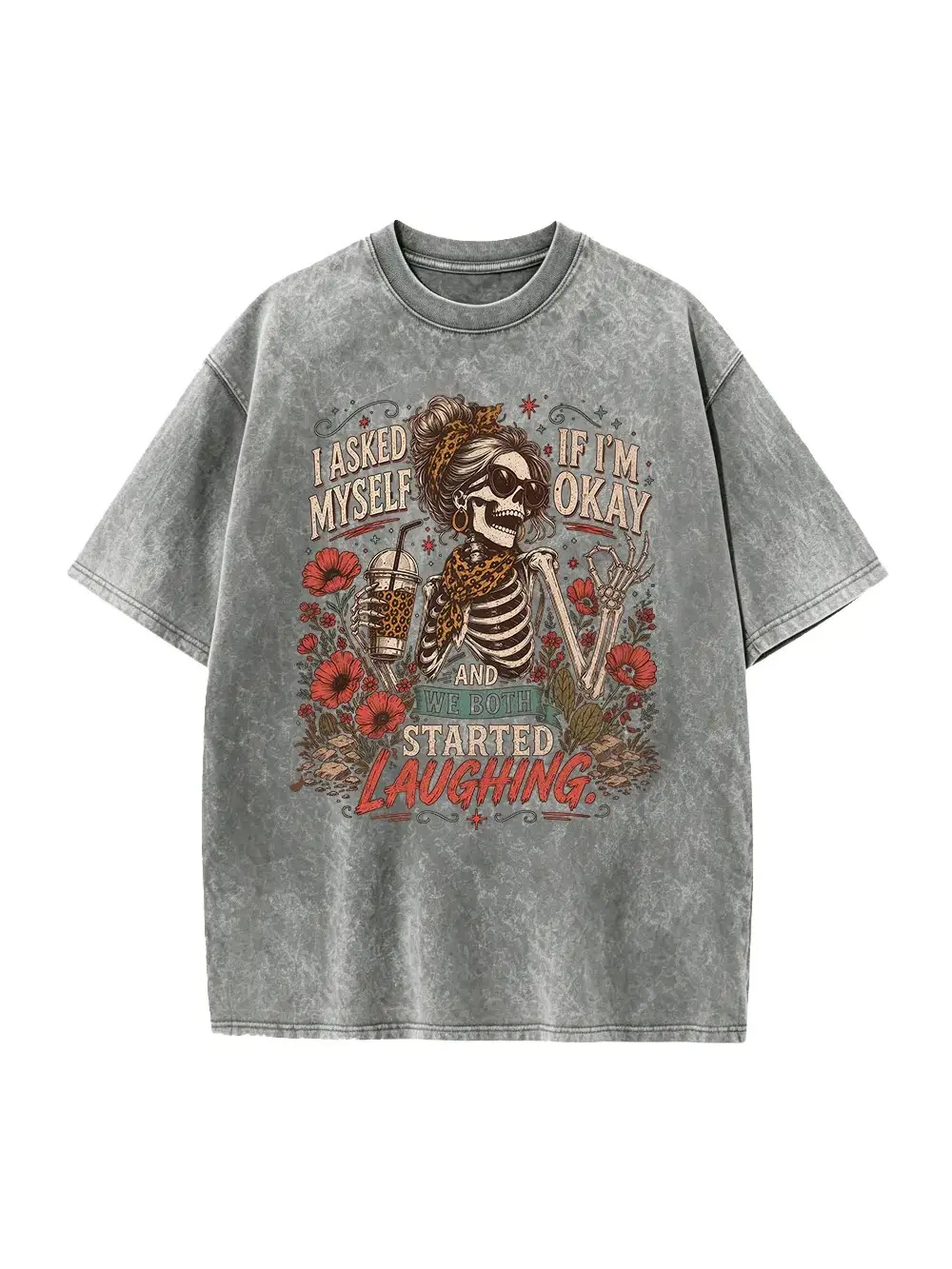 I Asked Myself If I'm Okay Skeleton T Shirt, Funny Sarcastic Graphic Tee, Vintage Distressed Style Shirt, Mental Health Humor Gift for Men Women, Casual Everyday Wear