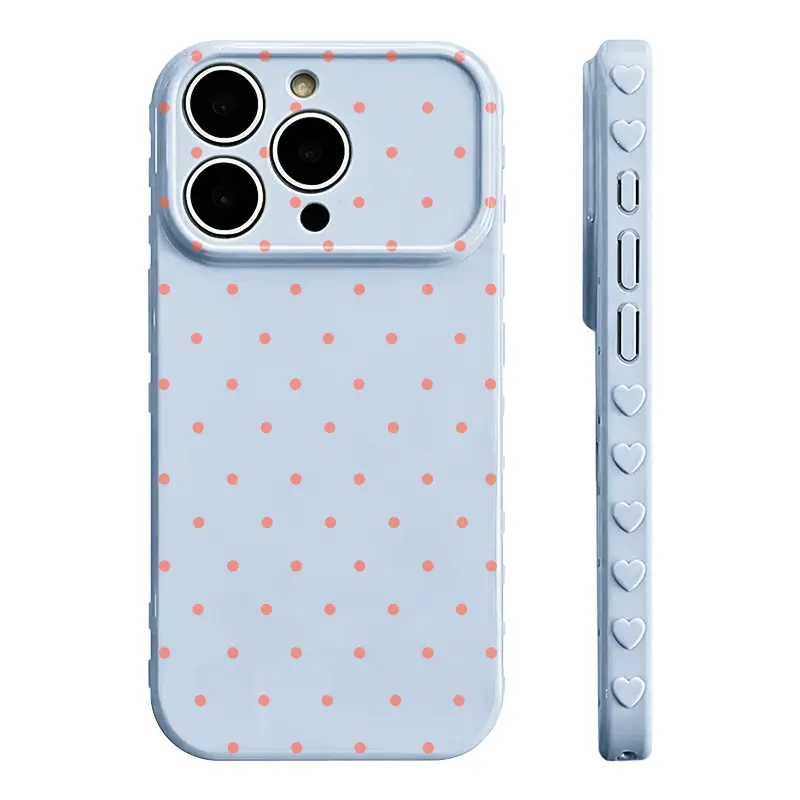 Polka Dot Heart Border Shockproof Phone Case - Glossy Soft TPU-Polycarbonate Composite, Slim, Smooth, Fingerprint-Resistant, Non-Slip Grip, Silky Matte Feel, Cute Embossed Side Borders, Luxury Crystal Texture Protective Gift with Full Lens Cut, Finger Res