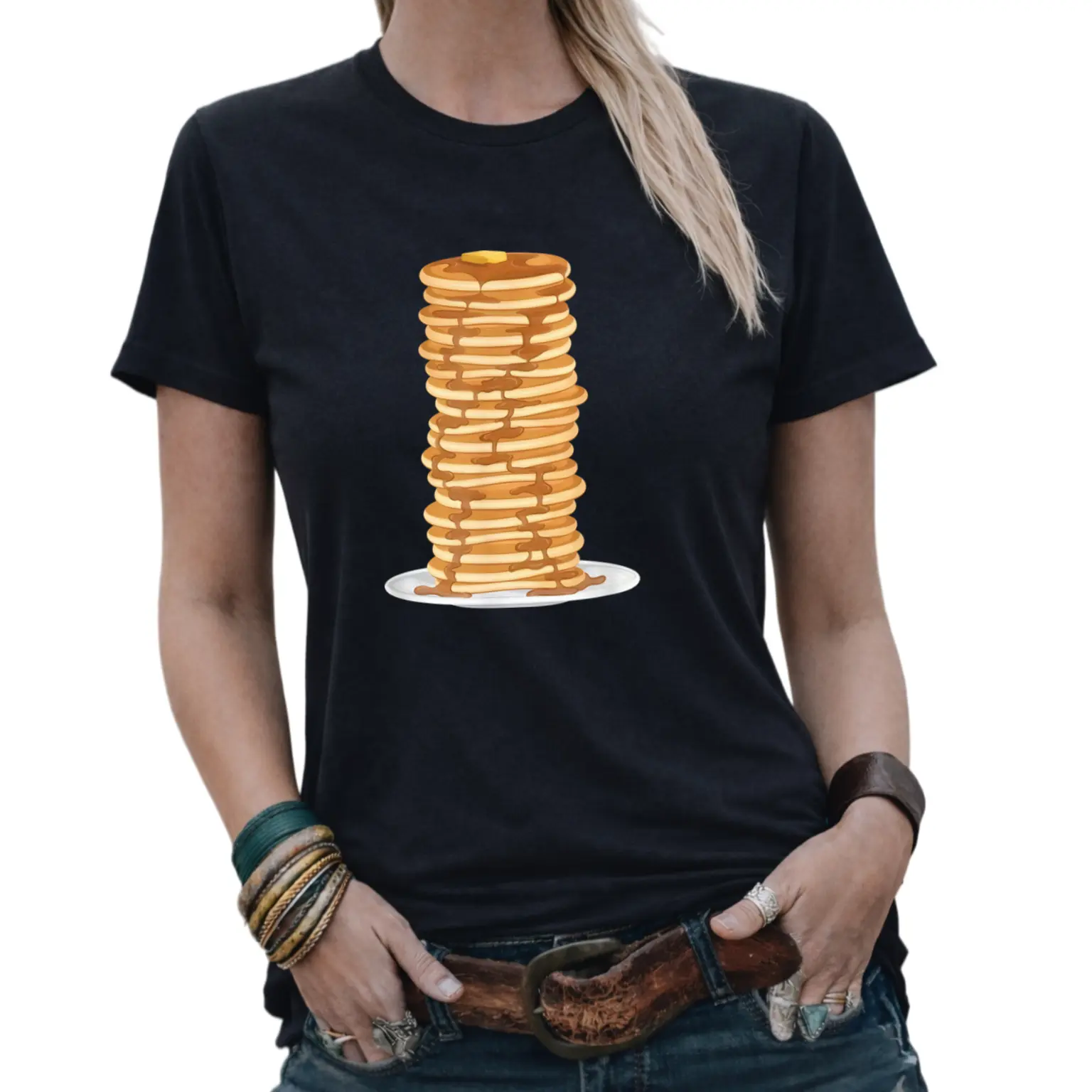 Men'S & Women'S Pancake Lover Graphic T-Shirt - Brown Pancake Stack Design with Golden Syrup & Plate - Vintage Breakfast Tee for Pancake