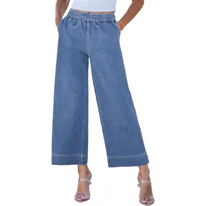 Wide Leg Jeans for Women High Waisted Cropped Pull On Jeans Elastic Waist Drawstring Stretch Denim Trouser Pants