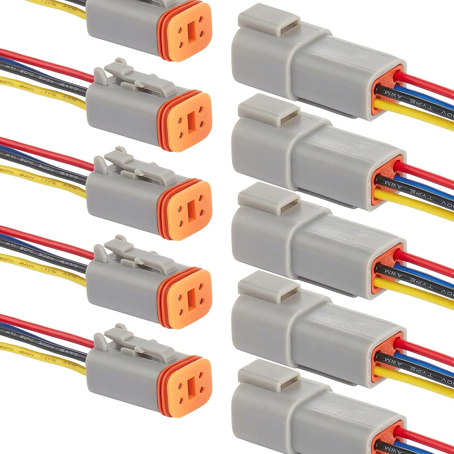 Deutsch DT 4 Pin Connector,4 Way DT Automotive Waterproof Electrical Connector Male Female Plug Wiring Harness,with 16 AWG Cable Wire,for Car,Truck,Boats,LED Work Light.(5 Pairs,4P DT Gray)