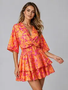 V Neck Printed Waist Cinch Bat Sleeve Five-Quarter Dress, Short Skirt, Stylish and Comfortable, Perfect for Casual Wear
