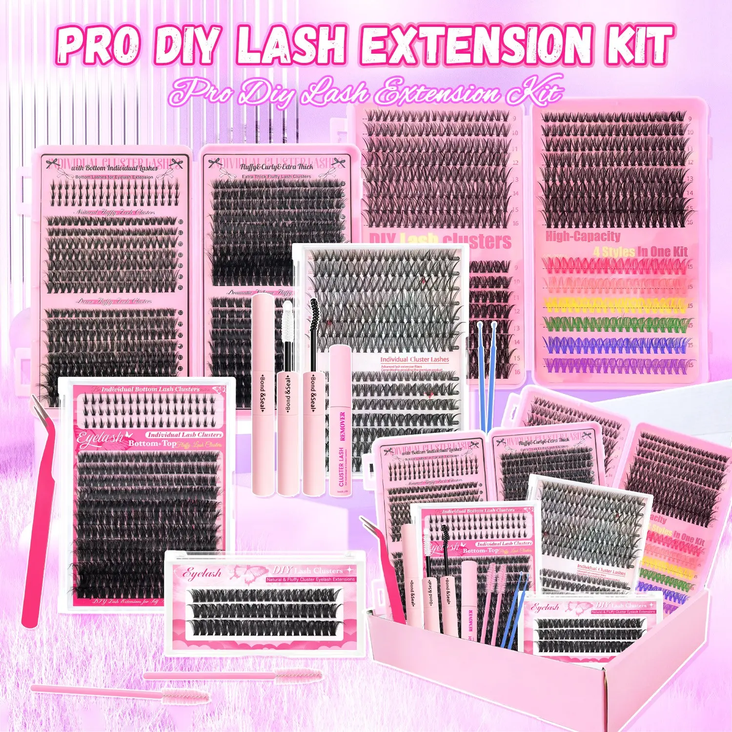 Mixed-Length Individual False Eyelash Kit - Natural-Look DIY Eyelash Extensions Set with Glue, Lash Bond & Seal, Remover, Tweezers, Brush, Headbands & Wristbands - Self-Application Curled Lashes for Eye Makeup