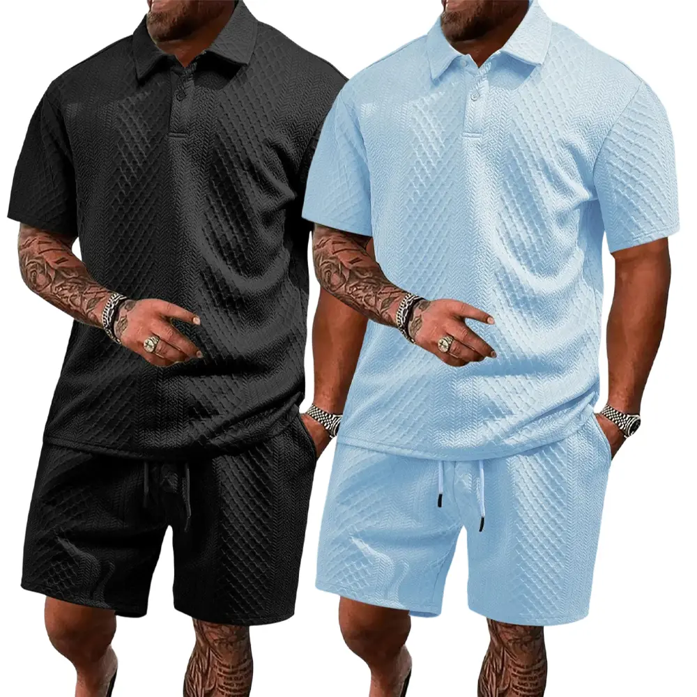 Men’s solid-color polo shirt and drawstring-waist shorts set, 2-piece comfortable, breathable casual outfit suitable for everyday outdoor wear; summer menswear. Clothes Tropical