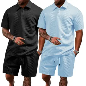 Men’s solid-color polo shirt and drawstring-waist shorts set, 2-piece comfortable, breathable casual outfit suitable for everyday outdoor wear; summer menswear. Clothes Tropical
