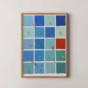 Surreal Summer Swimmers Art Print, Minimalist Pool Poster, Tiny People Wall Decor