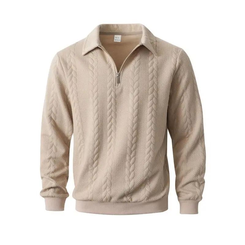 Men's Cable Knit Pullover, Versatile Half-Zip Polo Sweater with a Loose Fit, Chic Long Sleeve Top for Daily Wear, Tops, Clothes, Fitted, New Year, High Neck, Gray, Retro