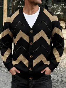 Men's Color Block Striped Cardigan, Classical Loose Fitted Button Knitted Jacket Retro V Neck Long Sleeve Drop Shoulder Knitted Outwear, Trendy Soft Warm knit Jacket Wear Fall Winter Sweatshirt Outfit Daily Life Going Out Work Club wear Lounge time