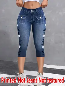 Women's Tight Fit Seven-Quarter Pants, Faux Denim Print, Slim-Fitting Casual Bottoms, All Season Wear, Comfortable and Stylish