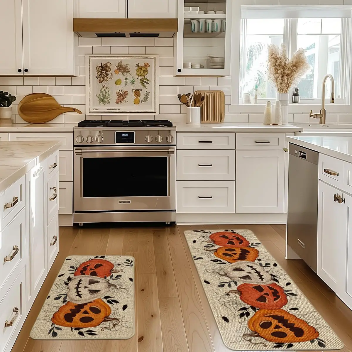 Kitchen Mat, 2 Counts/set Pumpkin Pattern Kitchen Rug, Non-slip Floor Mat, Halloween Decor Carpet for Home Living Room Bedroom