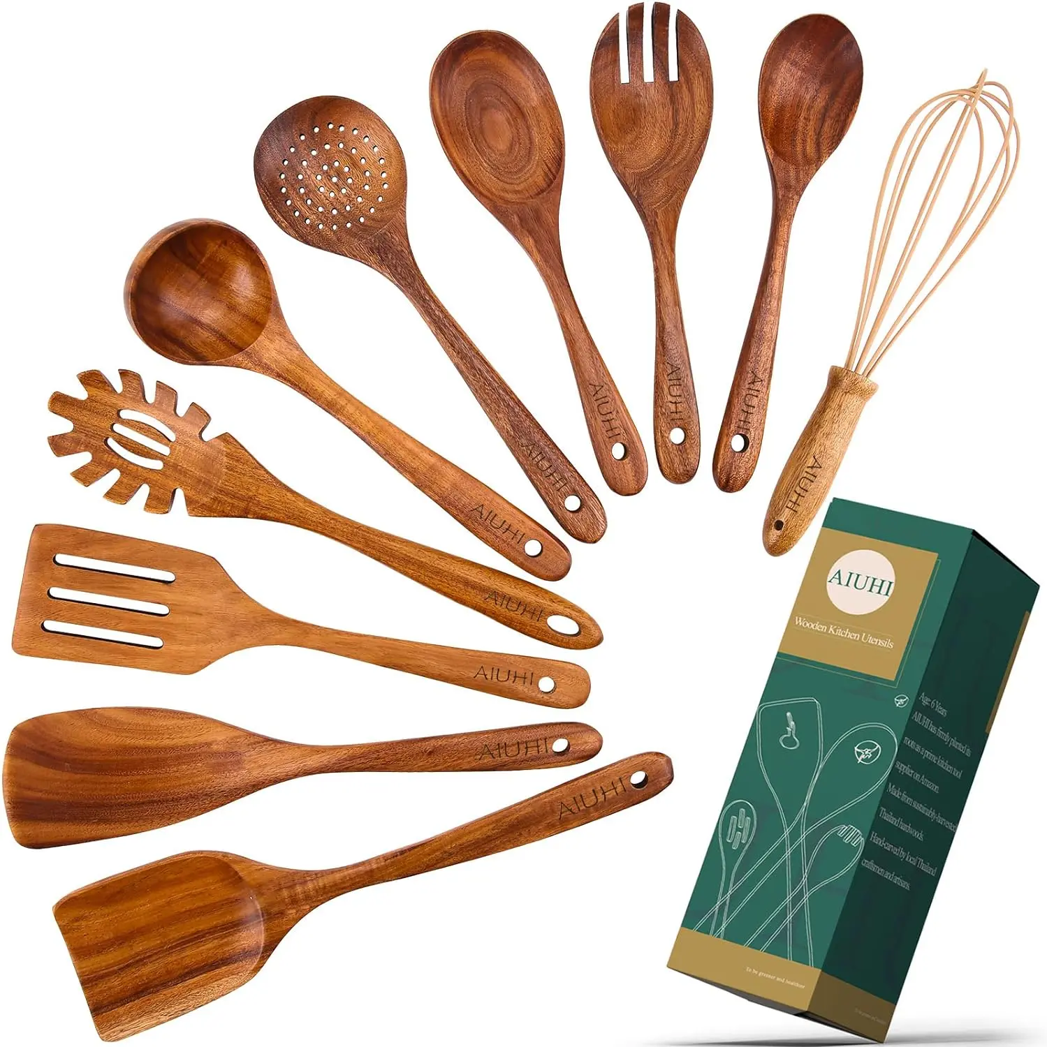 AIUHI 10-Piece Teak Wooden Cooking Utensil Set, Wooden Spoons for Nonstick Cookware with Whisk & Spaghetti Server