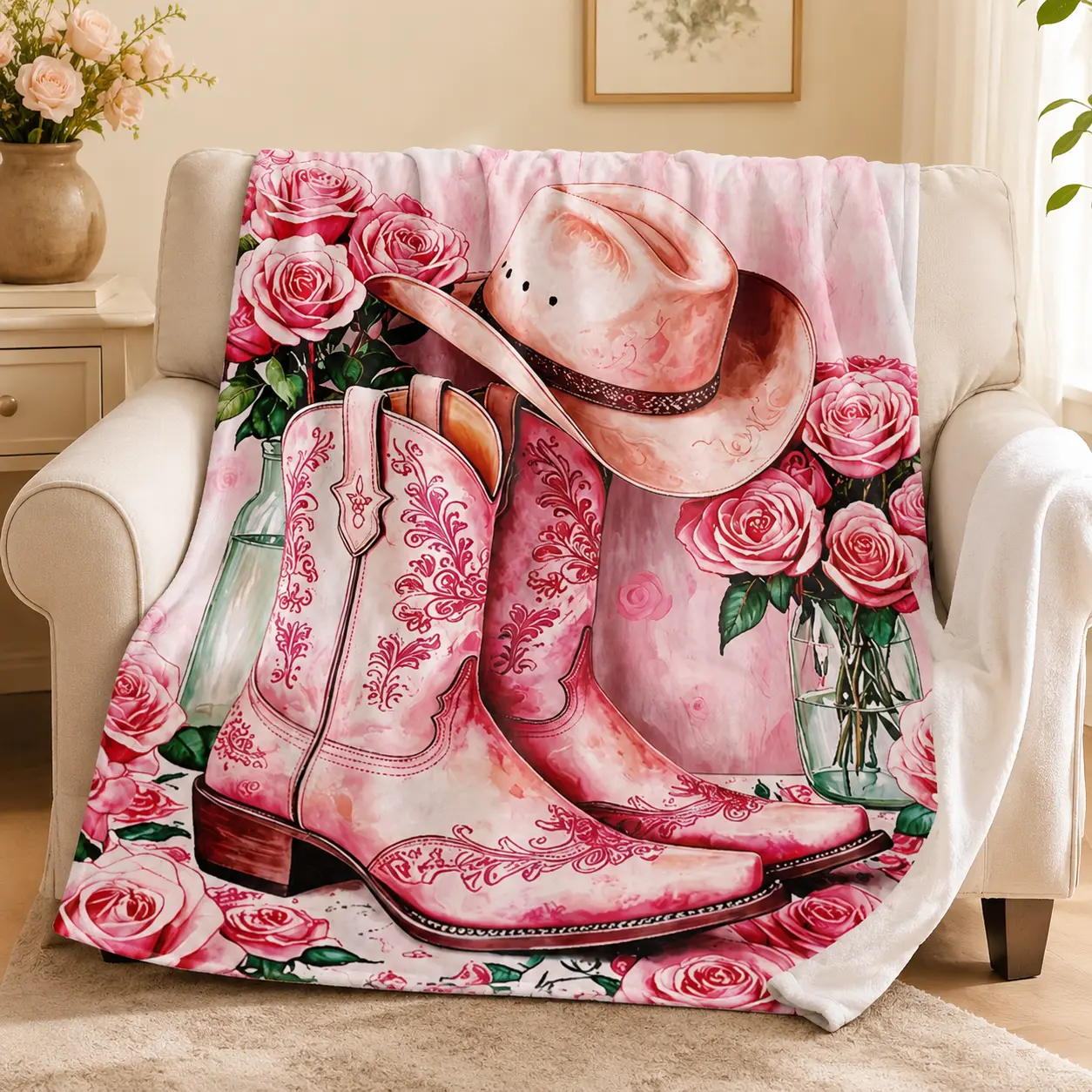 Pink Cowgirl Boots & Roses Flannel Throw Blanket, Super Soft Lightweight Western Cowboy Hat Floral Fleece Blanket for Adults & Kids, Cozy Country Style Blanket with Plain White Reverse, Bed Chair Gift