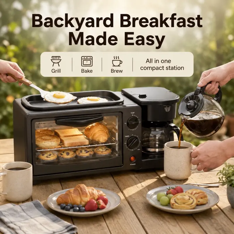 3 In 1 Breakfast Station With Coffee Maker Automatic Timing 2.38gal Non Stick Toaster Oven Frying Pan Sandwich Maker Griddle For Egg Bacon Sausages Healthy Snacks Desserts