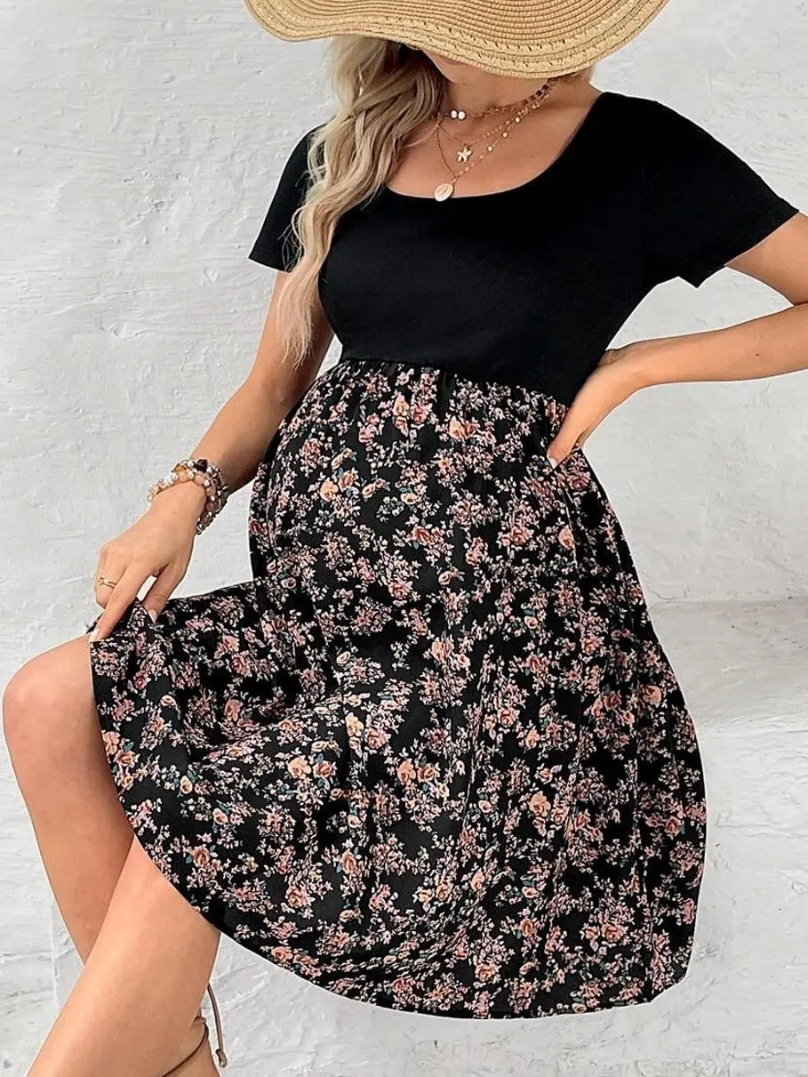 Pregnant Women's Casual Printed Patchwork Dress - Spring/Summer Maternity Comfort Dress