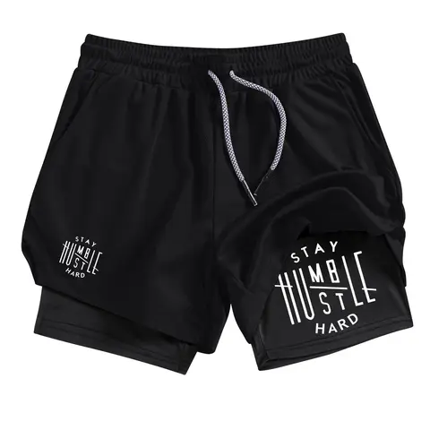 Men's Stay Humble Hustle Print 2-in-1 Gym Performance Shorts, Summer Breathable Quick Drying Sporty Shorts, Gym Workout Running Shorts, Graphic Athletic Shorts with Phone Pocket Zipper Pocket Towel Loop