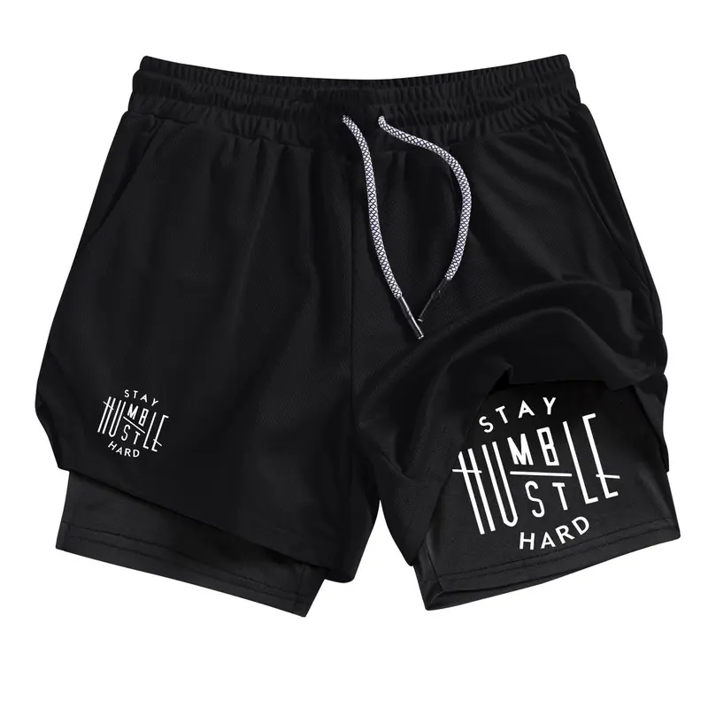 Men's Stay Humble Hustle Print 2-in-1 Gym Performance Shorts, Summer Breathable Quick Drying Sporty Shorts, Gym Workout Running Shorts, Graphic Athletic Shorts with Phone Pocket Zipper Pocket Towel Loop