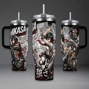 Mikasa Ackerman Tumbler, Attack on Titan Elite Soldier 40oz Cup with Handle & 20oz Travel Mug. Anime Fan Gift, Mikasa Inspired Insulated Tumbler Featuring Epic Survey Corps Action Graphic Design.