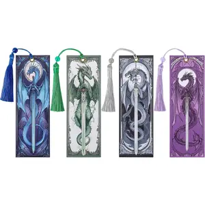 Dragon Sword Bookmark Gifts - 4 count Fantasy Fourth Bookmarks with Tassels Paper   Wing Book Marks Office  Supplies  for Reading Lovers Writers  Men Teacher Students