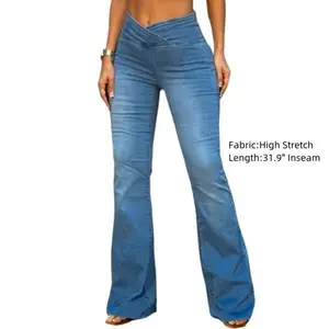 Flamingals Wash Wrap Mid Rise Stretchy Flare Jeans Fit Denim Blue Casual Womenswear Bottom